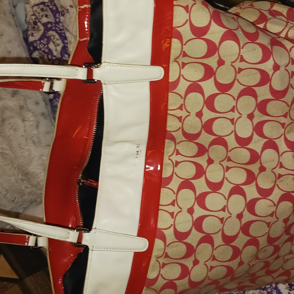 Coach Red and White Monogram Tote